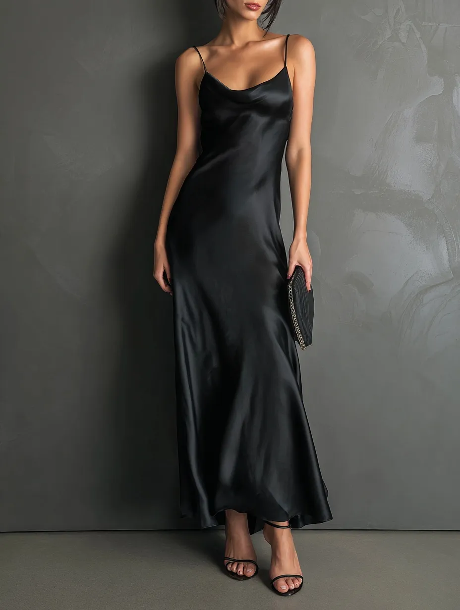 A woman wearing an elegant black satin slip dress with an open back and flared ankle-length skirt against a gray wall.