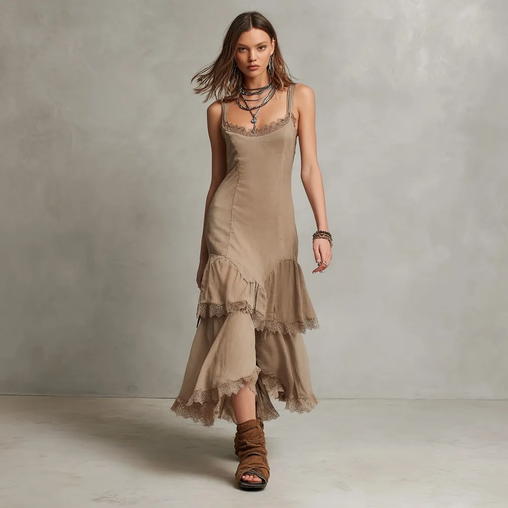 A model in a beige linen maxi slip dress with lace trim and layered jewelry walking against a gray wall.