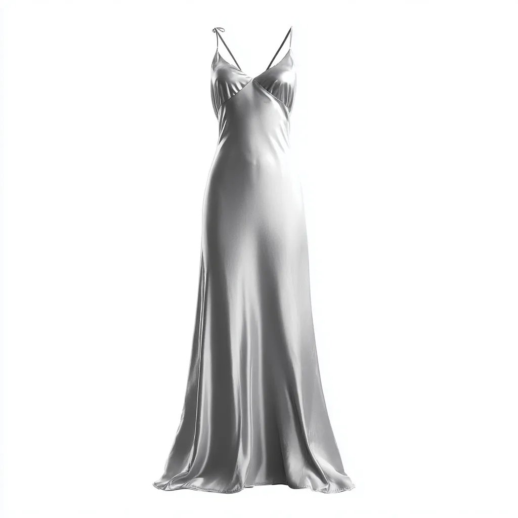 Elegant silver satin floor-length slip dress with an open back, front view, isolated on a white background.