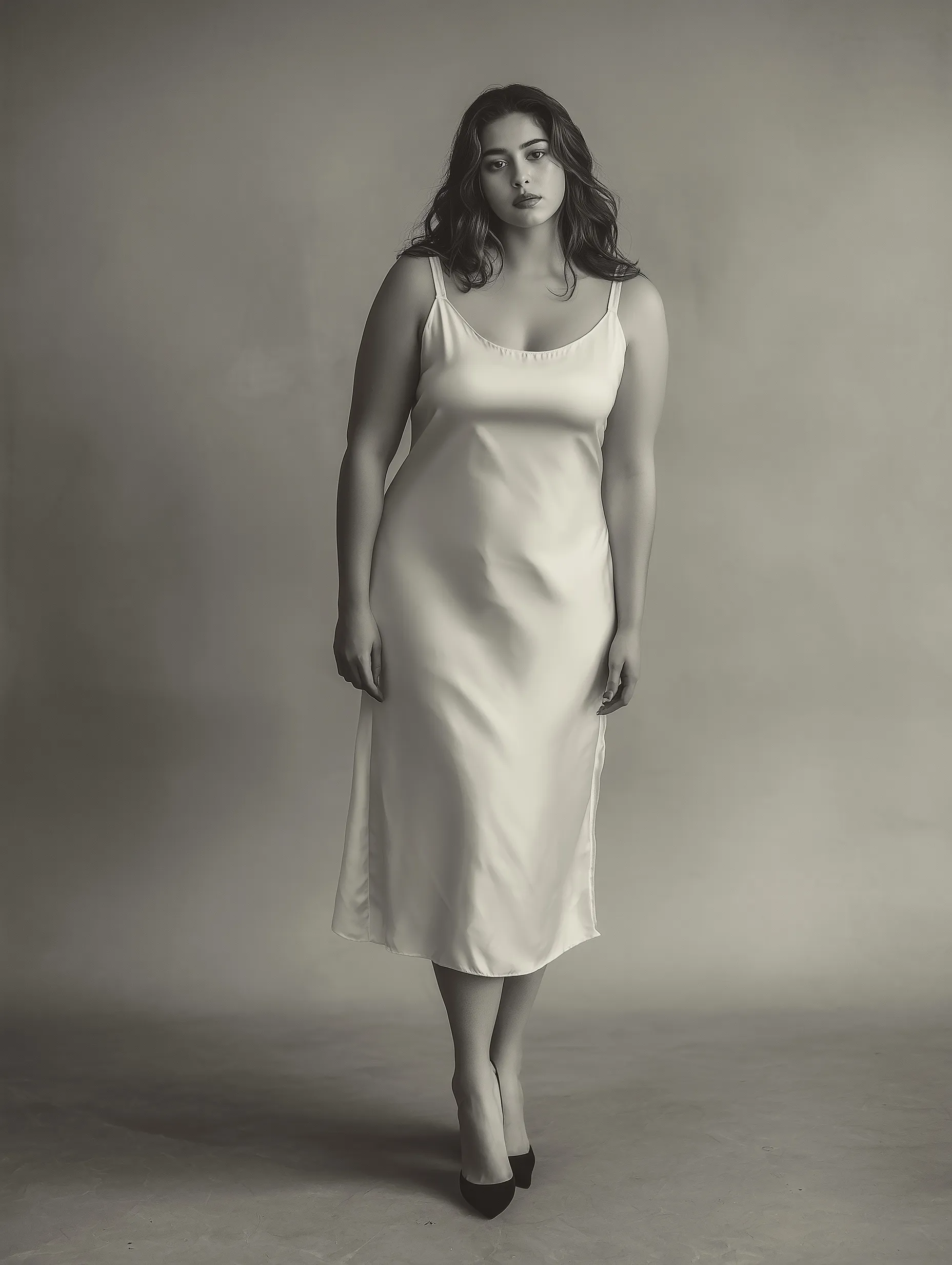 Pear-shaped Mexican model in an elegant broken white satin midi slip dress and black heels, body-positive fashion.