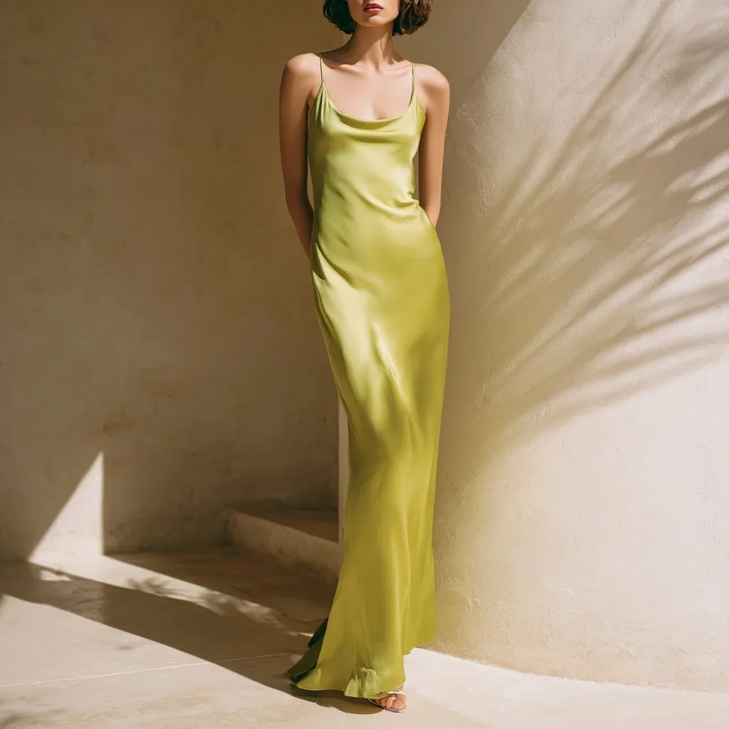 A model wearing a sleek, floor-length chartreuse silk satin slip dress in a sunlit outdoor setting.