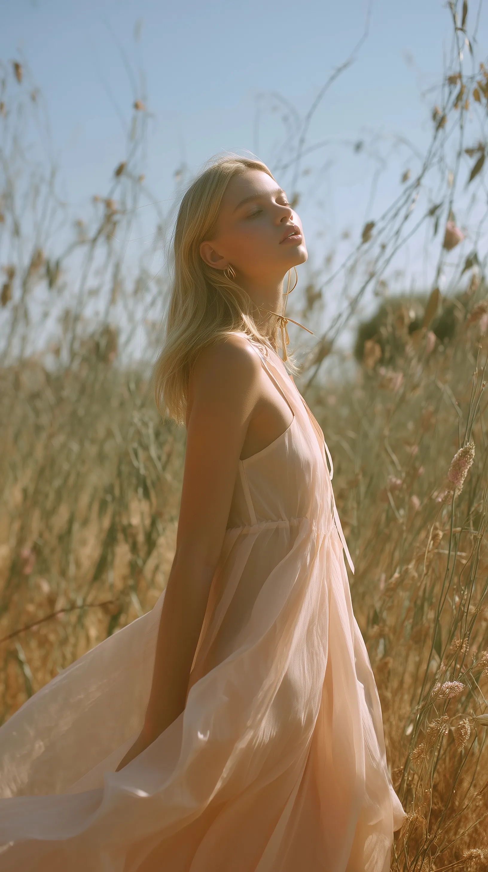A dreamy blonde woman in a flowing pastel sheer dress posing in a sunlit field in Provence, editorial fashion style.