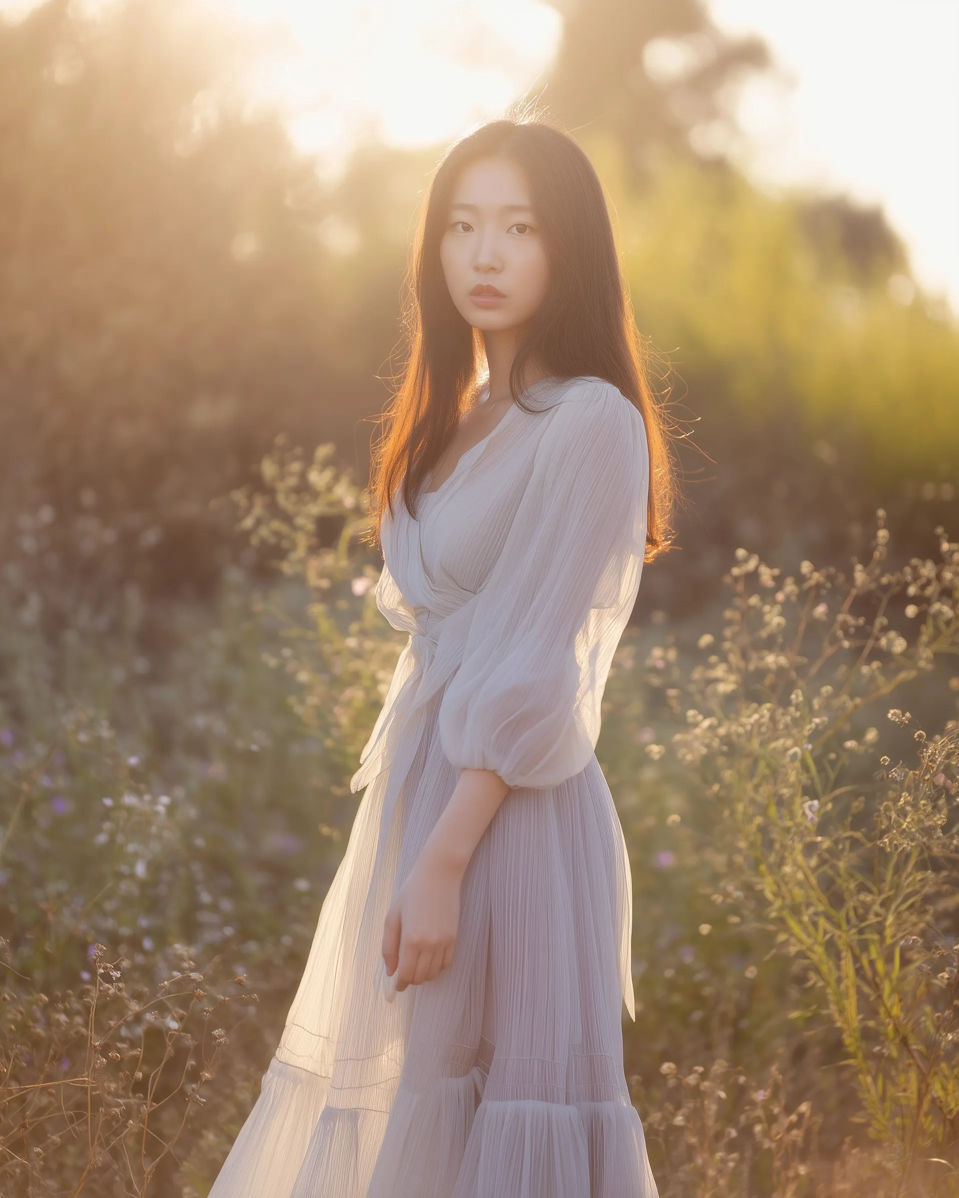 A beautiful Korean woman in a flowing sheer chiffon dress standing in a sunlit meadow during golden hour.