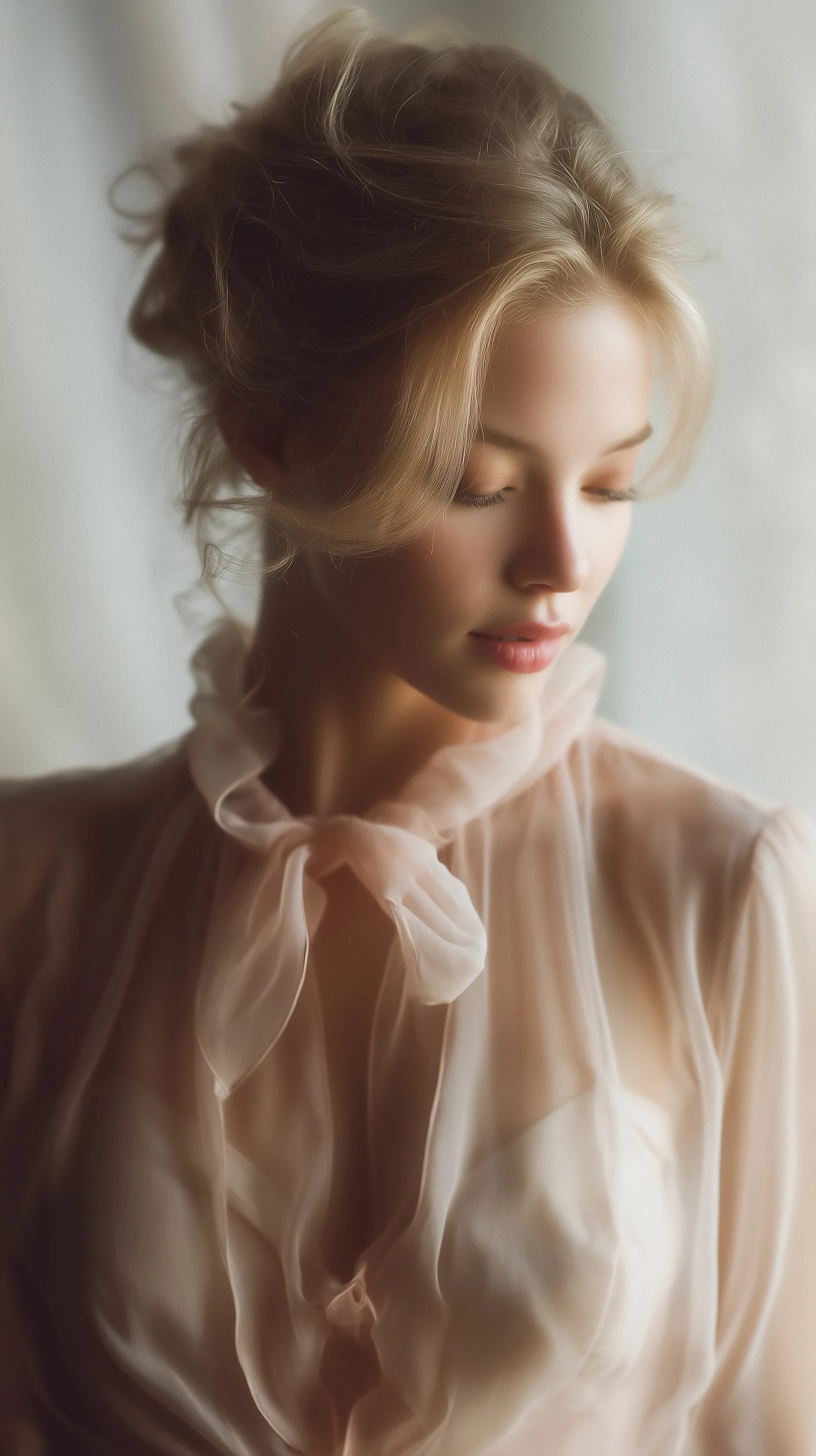 A beautiful woman in a delicate sheer peach chiffon blouse with a soft, dreamy expression.