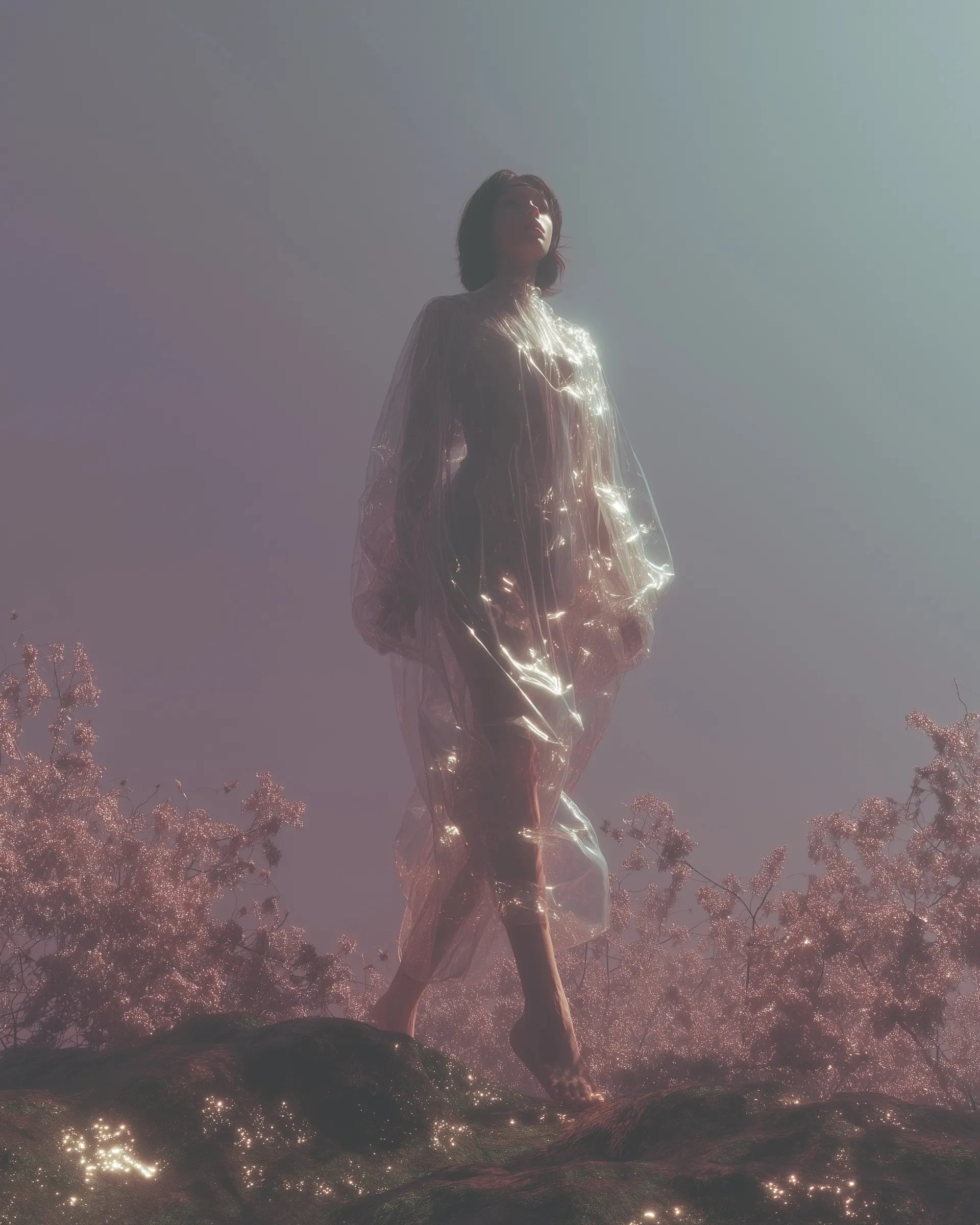 A person in a sheer dress walks through a surreal, bio-luminescent orchard with floating insect-like drones.