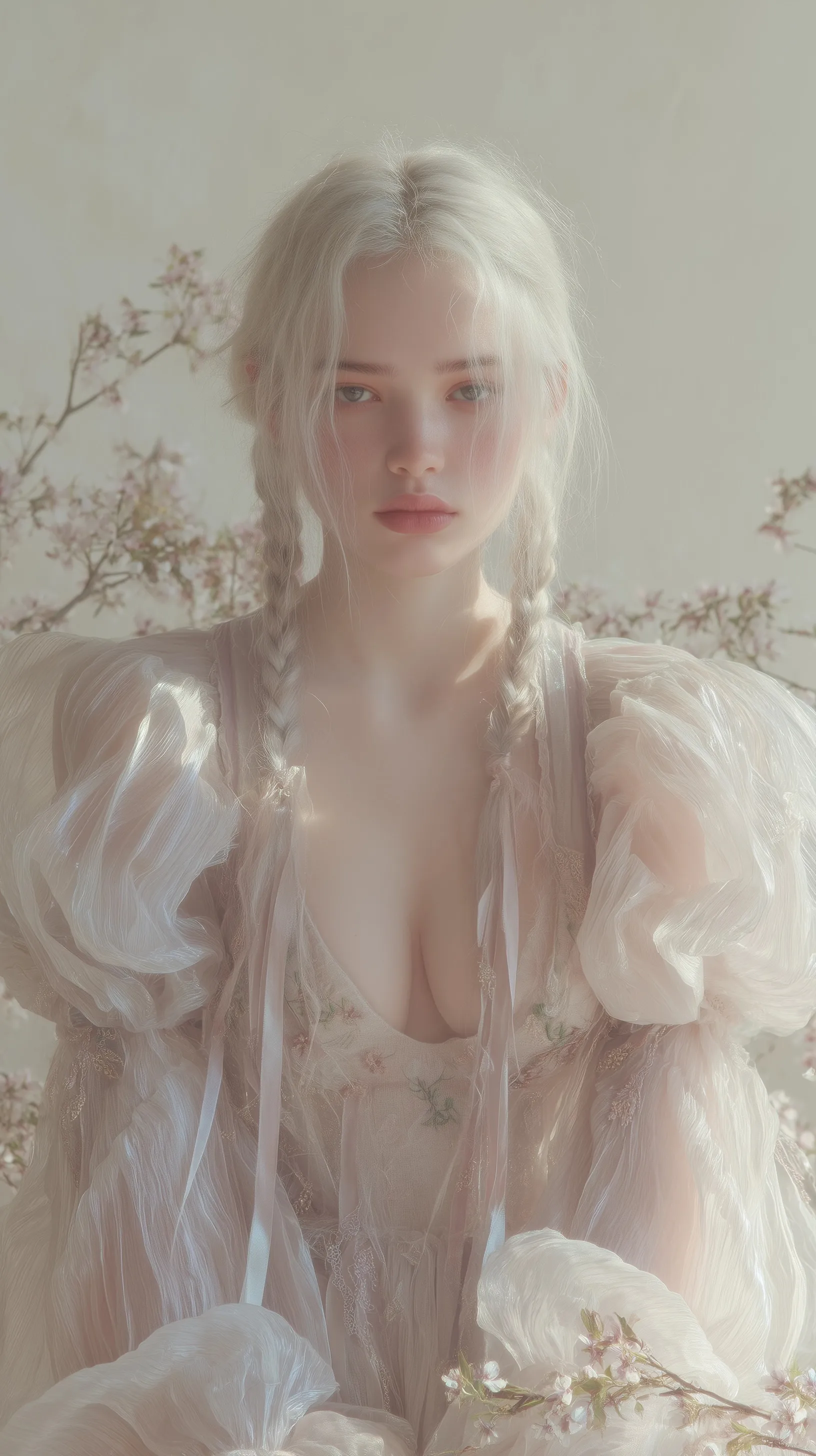 Ethereal woman in a pastel pink sheer silk organza couture gown with puffed sleeves in a spring blossom garden.