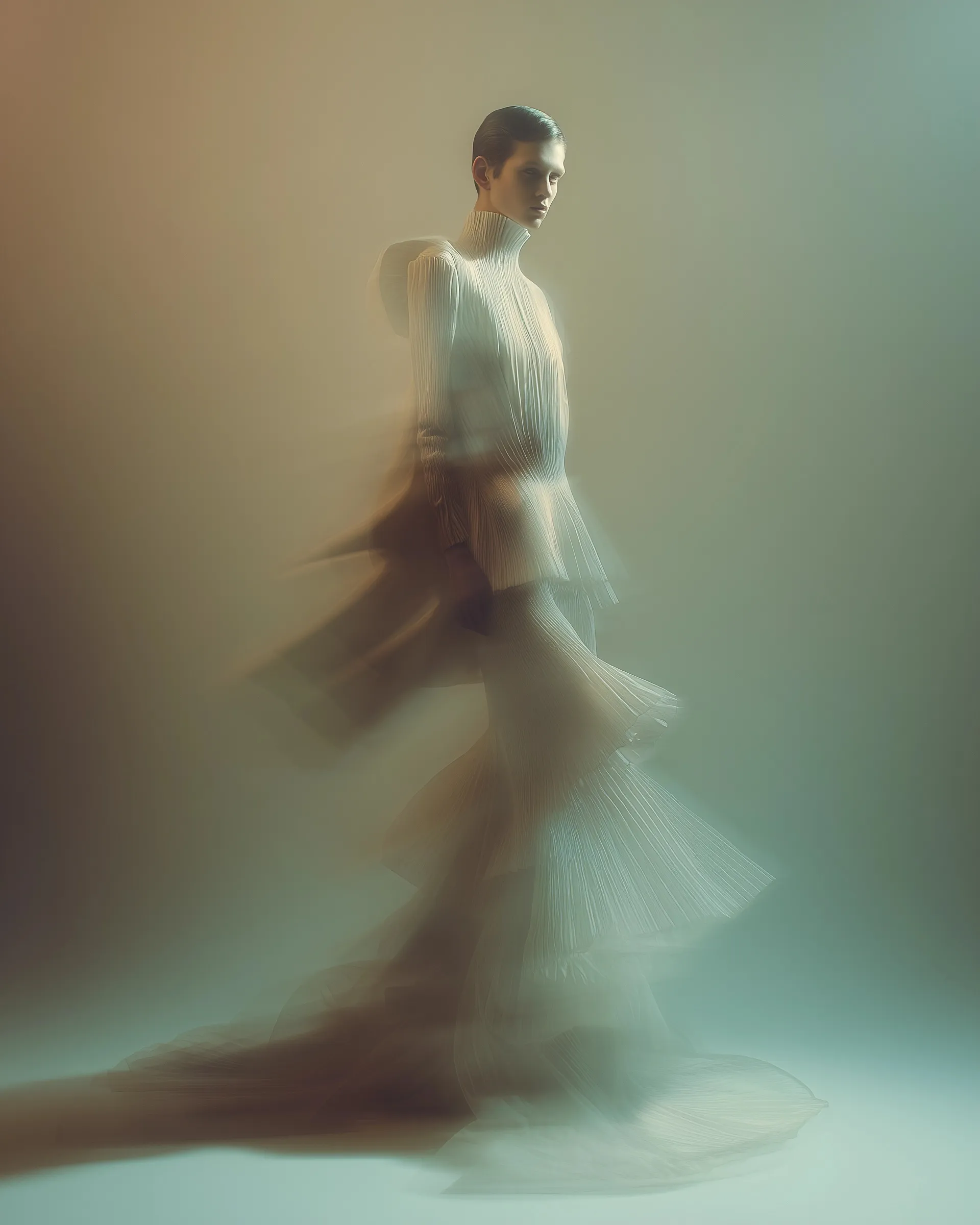 A model in a surreal sheer modal haute couture mermaid dress posing in a dreamlike, ethereal studio setting.