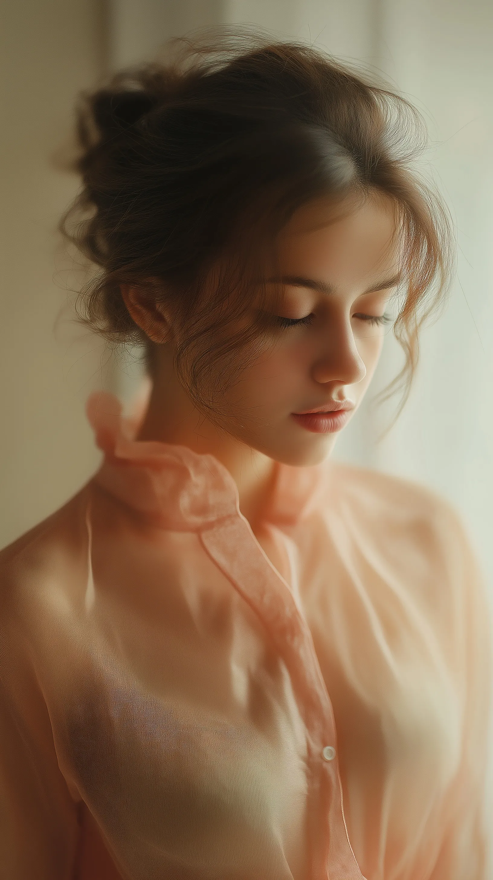 A beautiful woman in a delicate peach sheer chiffon blouse with a dreamy, elegant expression.