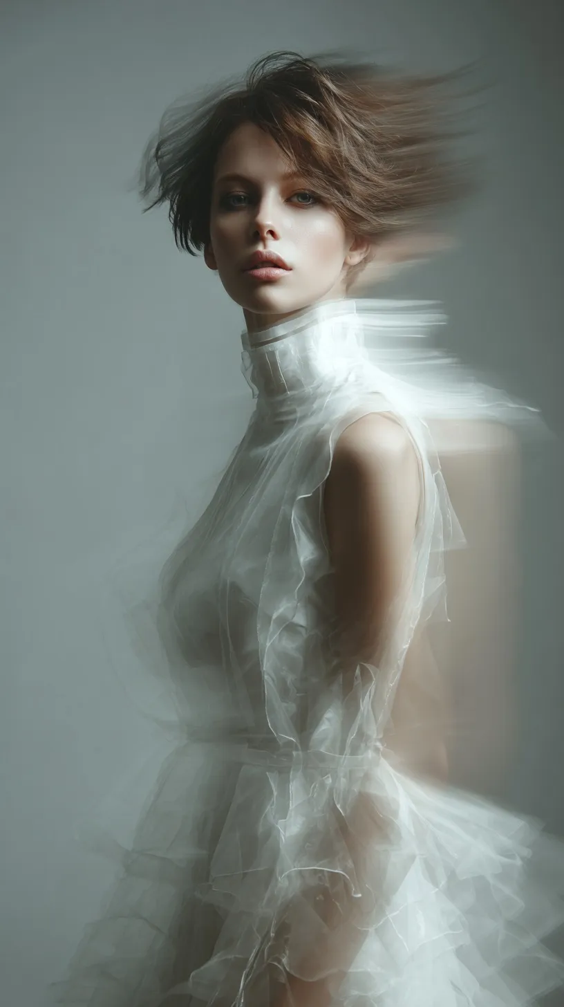 A high fashion model in a sheer dress captured with artistic zoom blur and multiple exposure techniques.