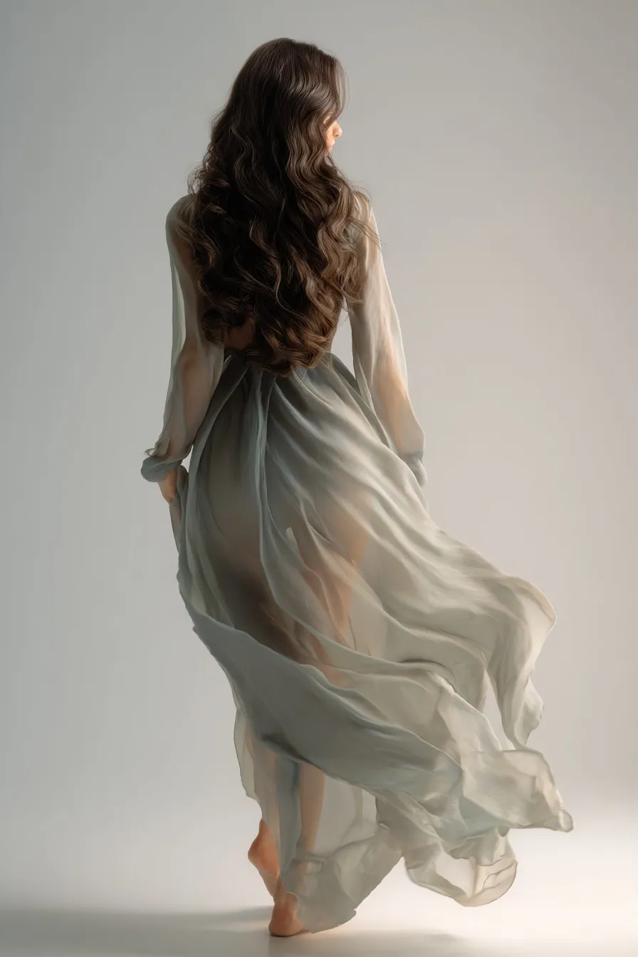 A woman in a sheer, flowing silk dress walks in a studio, captured from behind in a high-fashion pose.