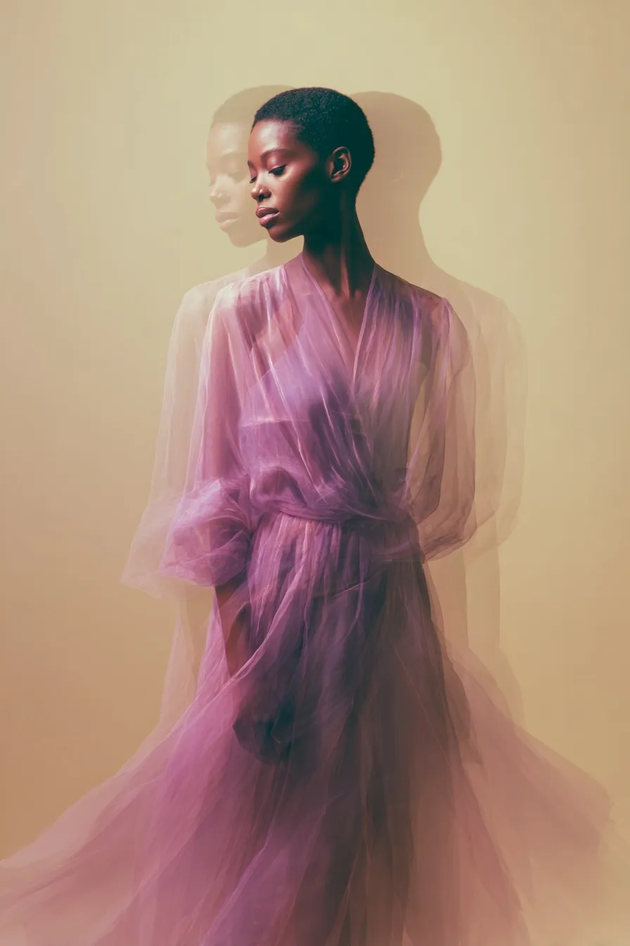 A Black woman in a translucent mauve sheer dress against beige, featuring futuristic motion blur and light trails.
