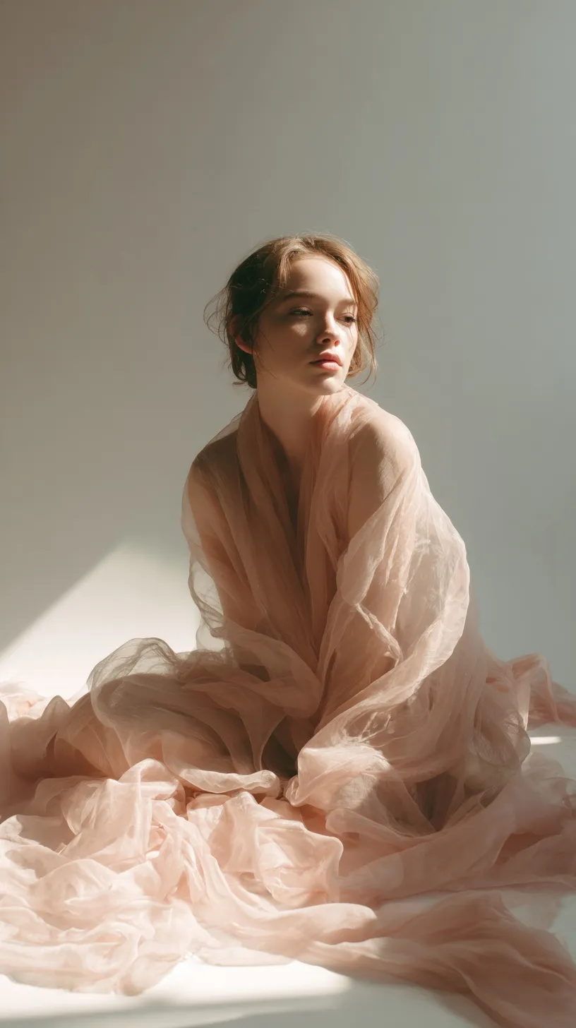 Model in a sheer blush dress sitting on the floor with soft shadows against a minimal pastel background.