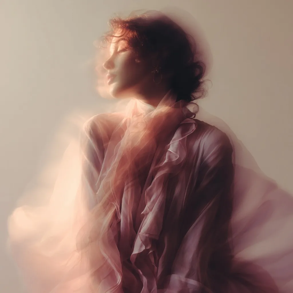 Artistic portrait of a person in a flowing sheer pink modal dress with a dreamy, ethereal blurred effect.