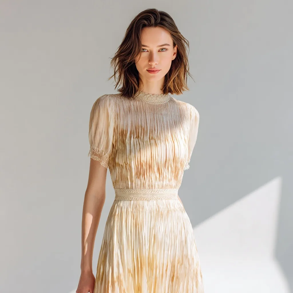 A model wearing a beige sheer viscose midi dress with accordion tie-dye and embroidery in a luxury studio setting.