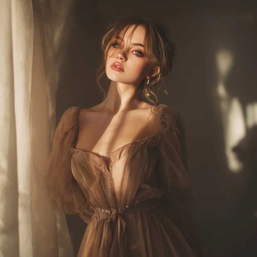 A beautiful woman in a sheer beige modal dress with soft, romantic makeup and aesthetic natural lighting.