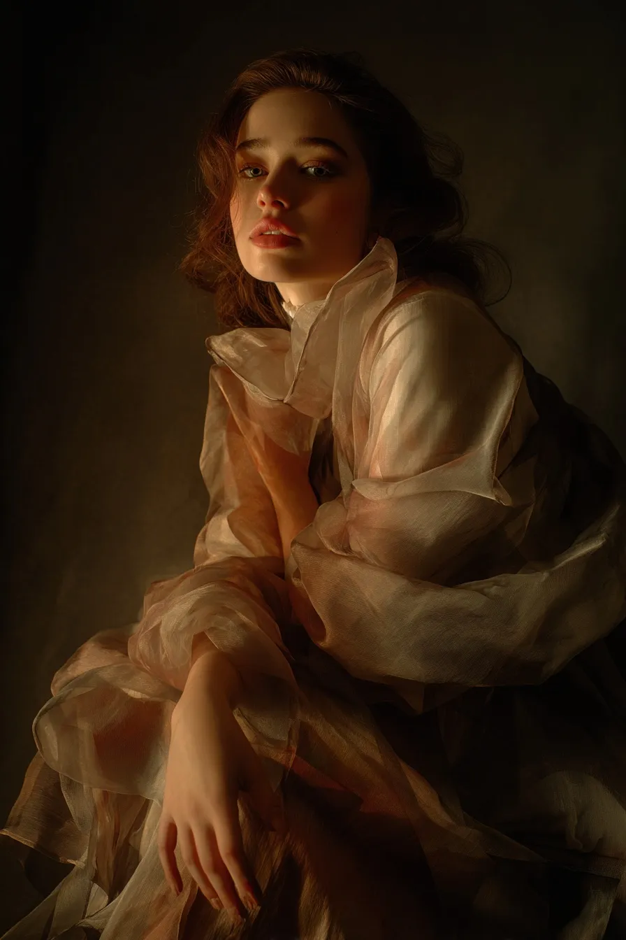 Melancholic woman in a sheer modal dress, captured in dramatic chiaroscuro lighting with a painterly aesthetic.