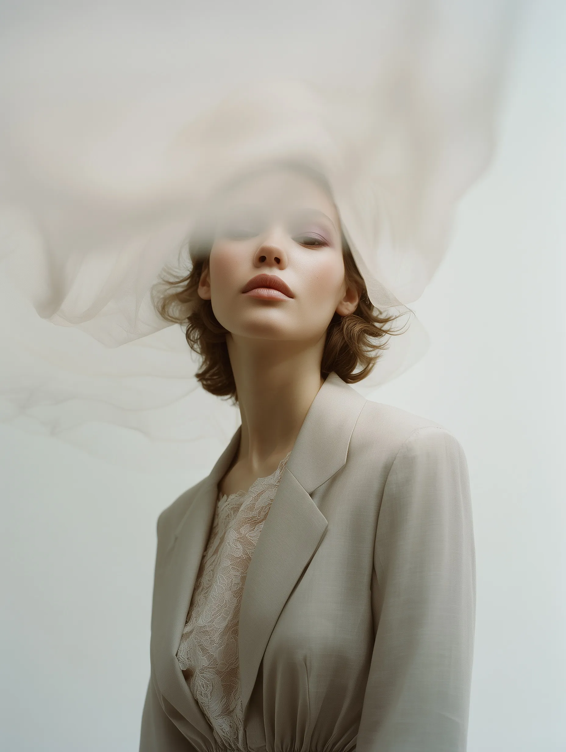 Model in a sculptural taupe blazer and sheer lace skirt with floating silk fabric in a minimal studio.
