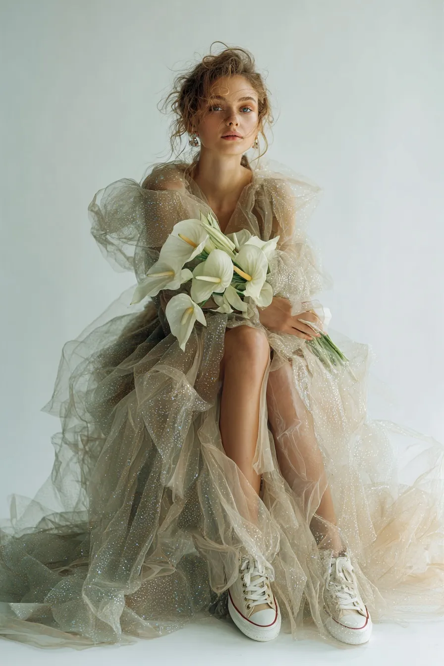 Model in a sheer sparkling tulle dress with white flowers and sneakers against a clean white background.