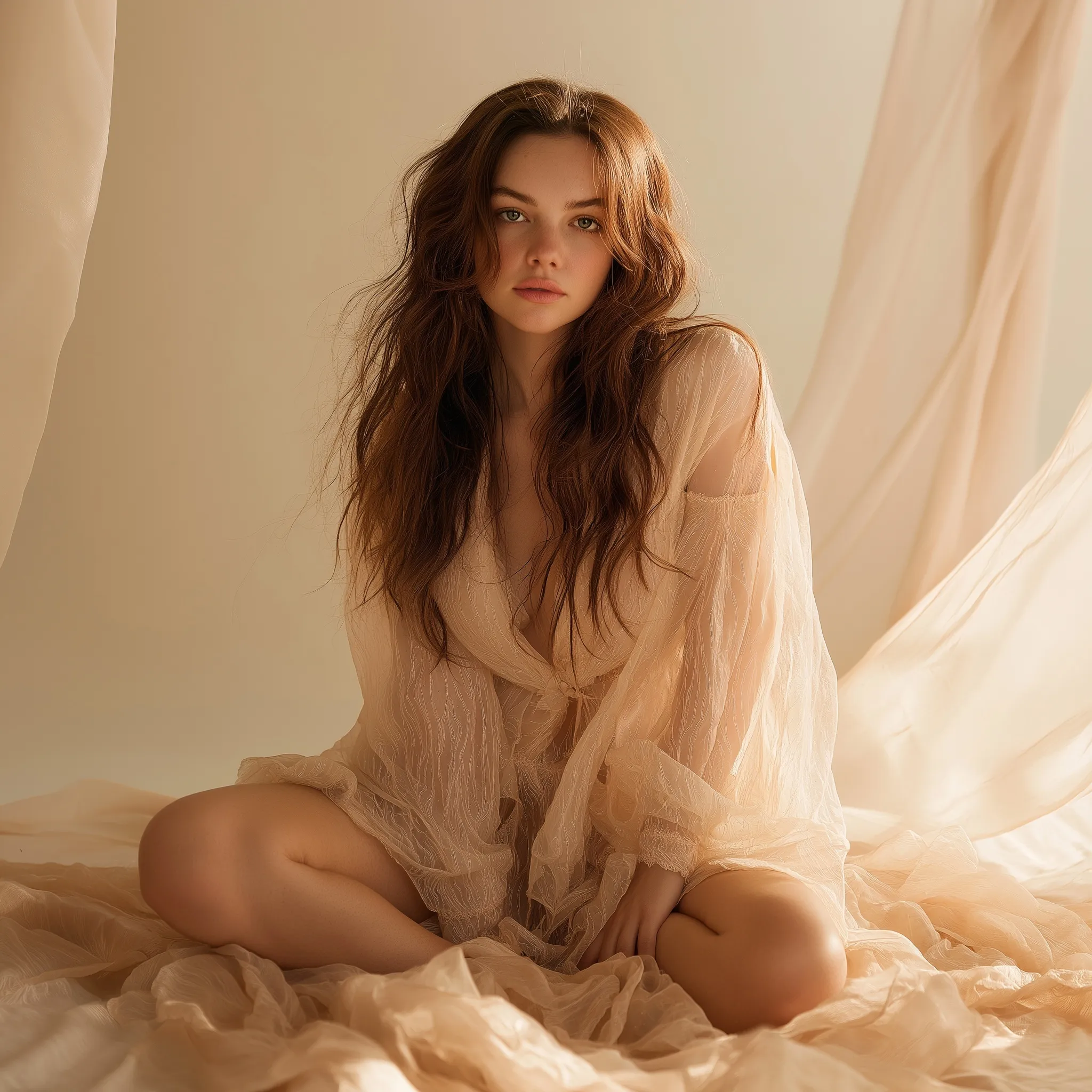 Female model in a sheer draped dress sitting on neutral fabric, captured in soft cinematic diffused daylight.