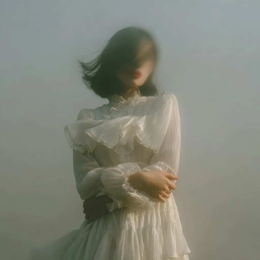 A girl in a white sheer layered dress posing gracefully with ballerina-style hands against a minimalist background.