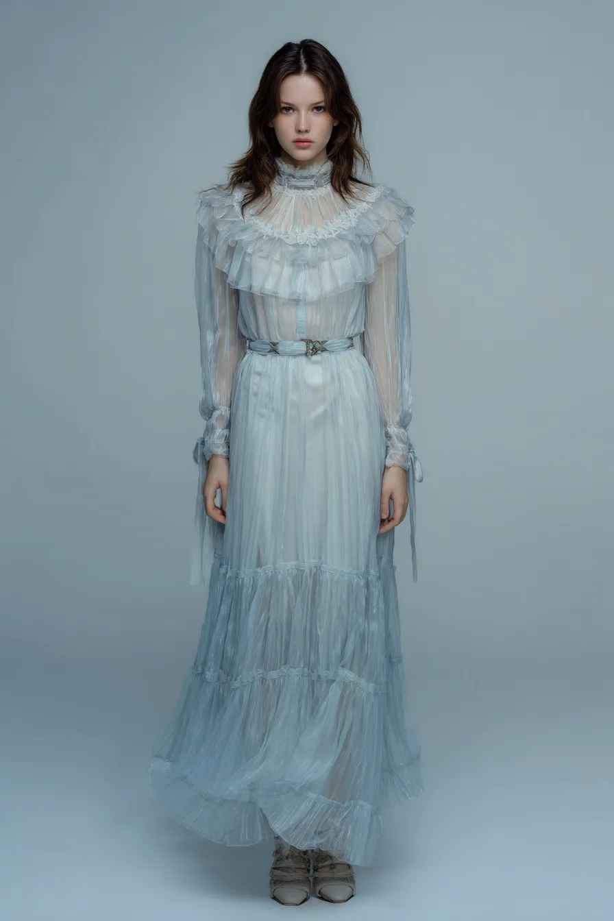 A young woman in a dreamy, sheer chiffon Rococo-inspired dress with ruffled details against a neutral background.