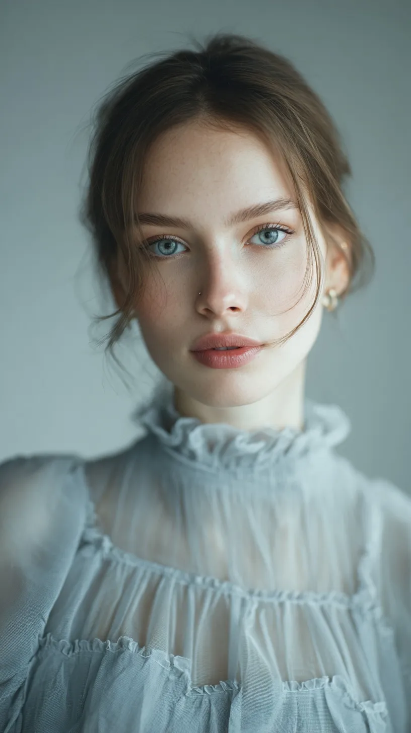 A 35-year-old woman in a sheer designer dress, featuring elegant Slavic features and a soft cool-toned color palette.