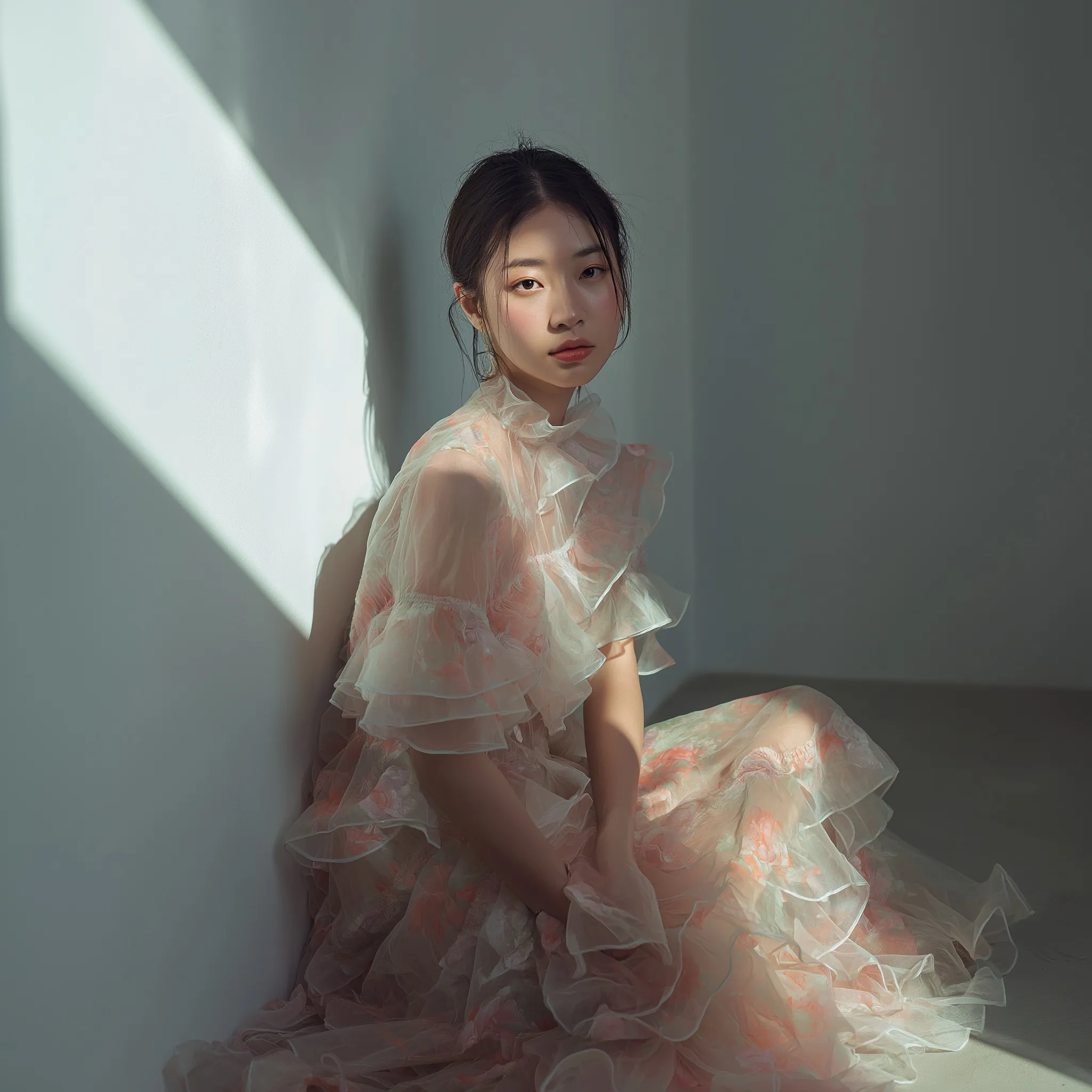 East Asian woman in a sheer pastel floral organza dress with ruffles, seated in a sunlit minimalist studio.