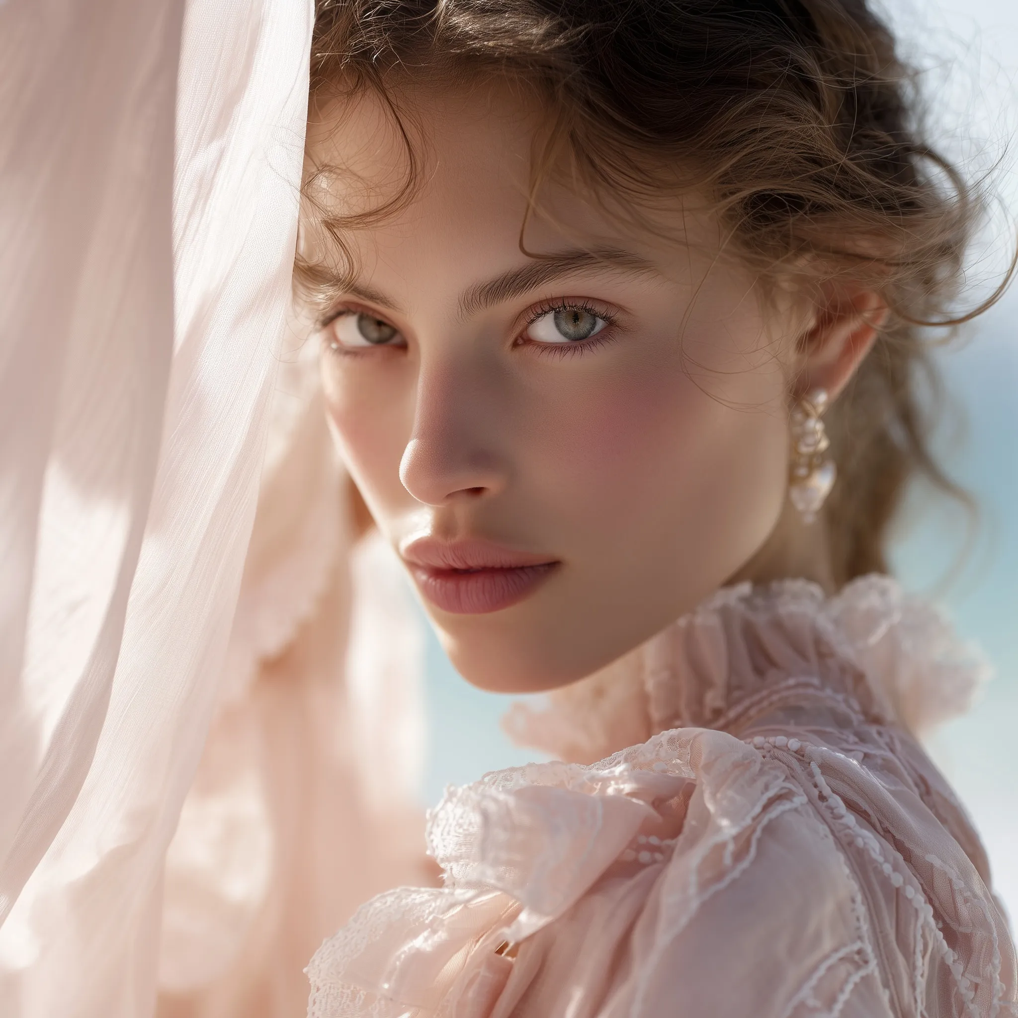 A model wearing an ethereal sheer silk and lace dress in a dreamy, sunlit haute couture editorial shoot.
