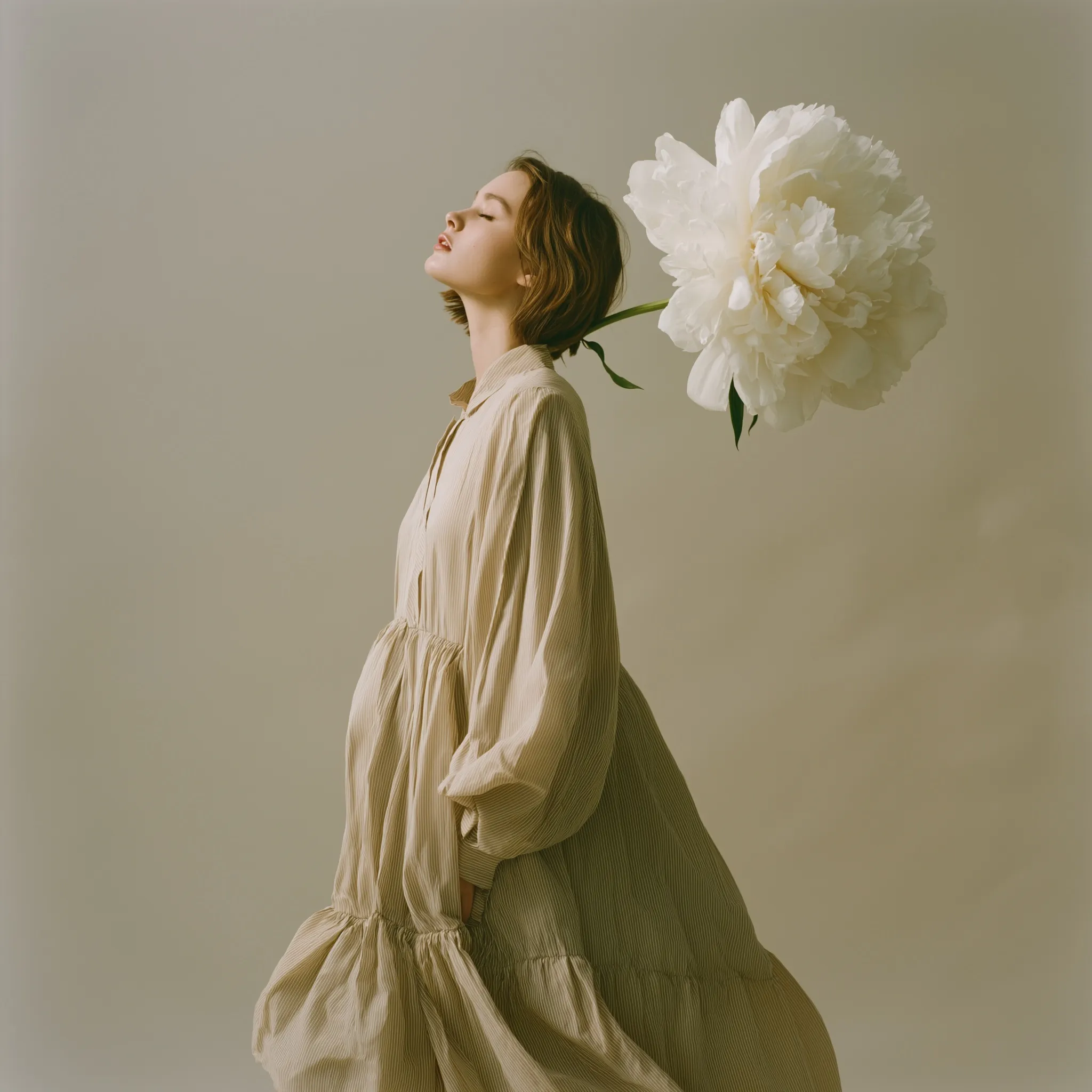 Fashion model in an oversized beige sheer dress looking at a white peony against a neutral beige background.