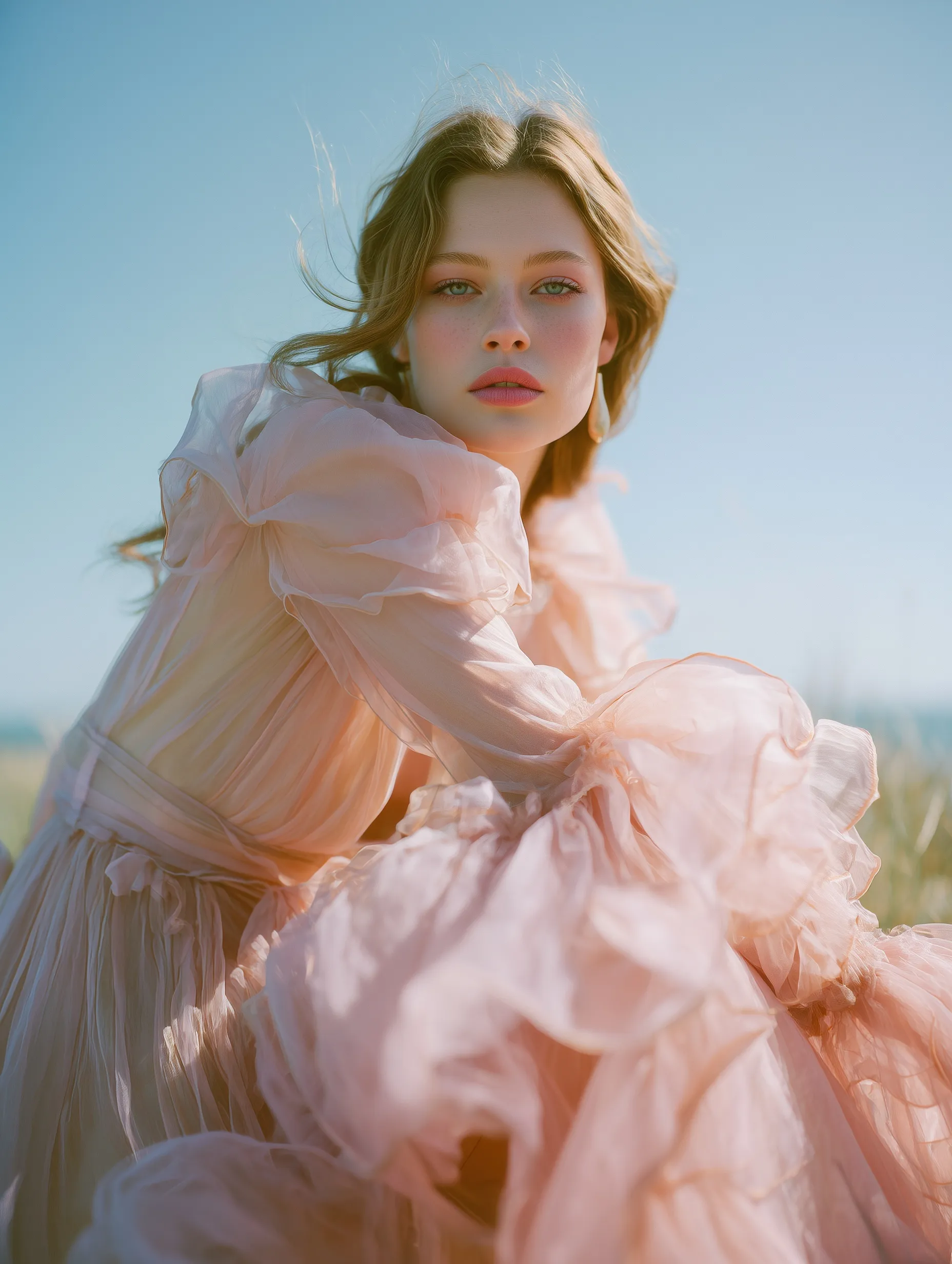 Elegant young woman in a flowing pastel pink sheer organza couture dress for a cinematic fashion editorial portrait.
