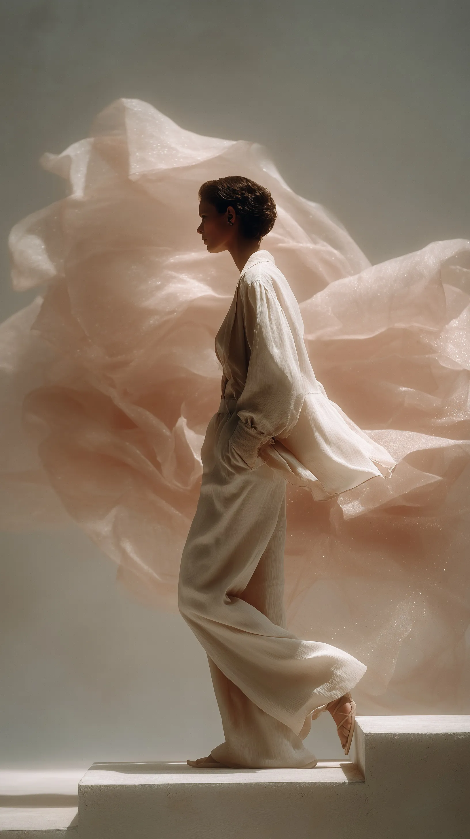 A woman in a soft beige sheer slip dress standing on a podium with translucent sculpture in a minimal art setting.