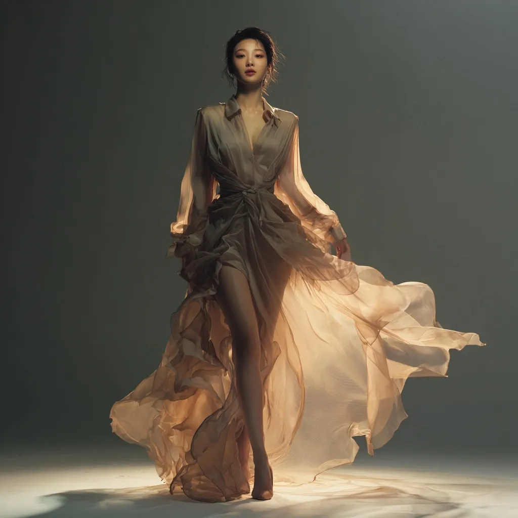 A glamorous model in a sheer, fitted chiffon dress with elegant draping and airy movement under editorial lighting.