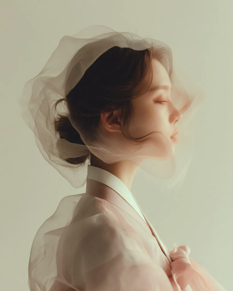 A woman in a sheer pastel Korean hanbok with flowing fabric, captured in a dreamy, soft-focus editorial portrait.