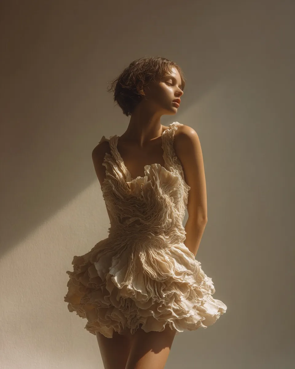A model wearing a biodegradable mycelium sheer dress in a professional editorial fashion photography shoot.
