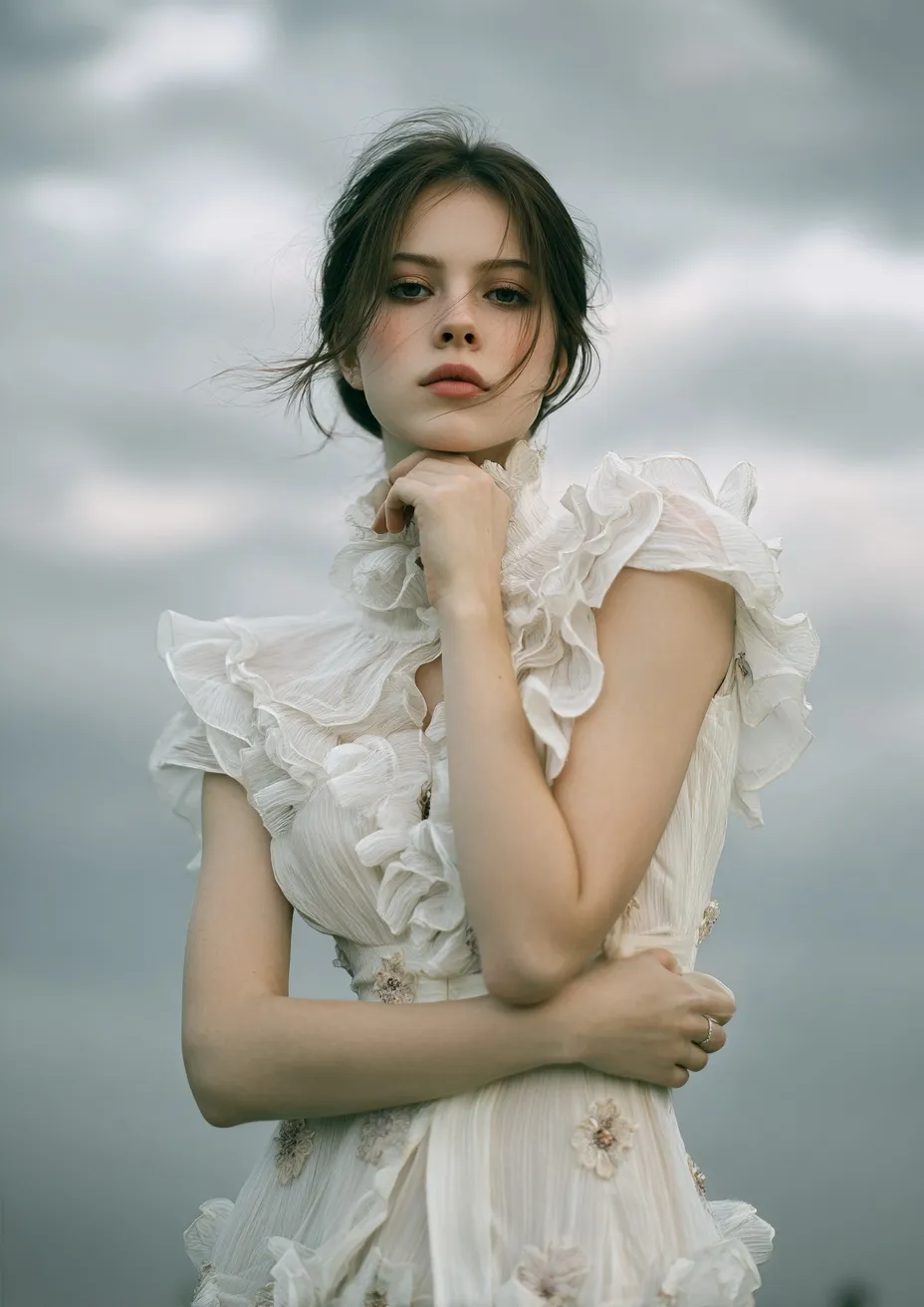 A model in a white sheer ruffled dress with lace and floral details posing elegantly against a dreamy cloudy sky.