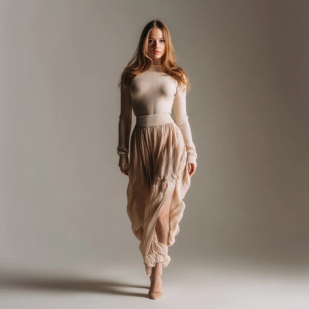 A beautiful fashion model in a sheer dress posing elegantly against a clean neutral studio background.