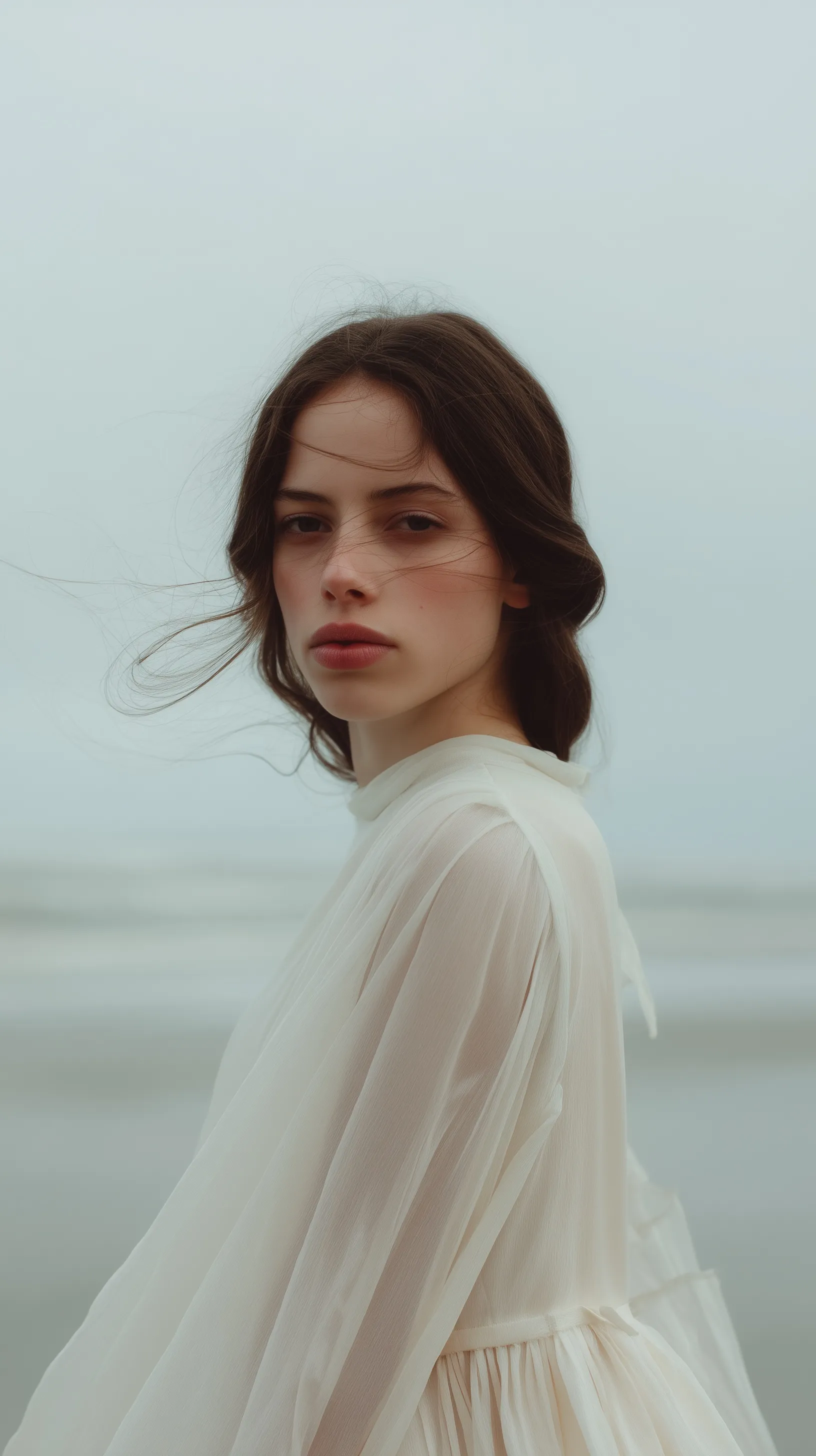 A silent woman in a flowing translucent ivory sheer dress stands in a vast, foggy minimalist landscape.