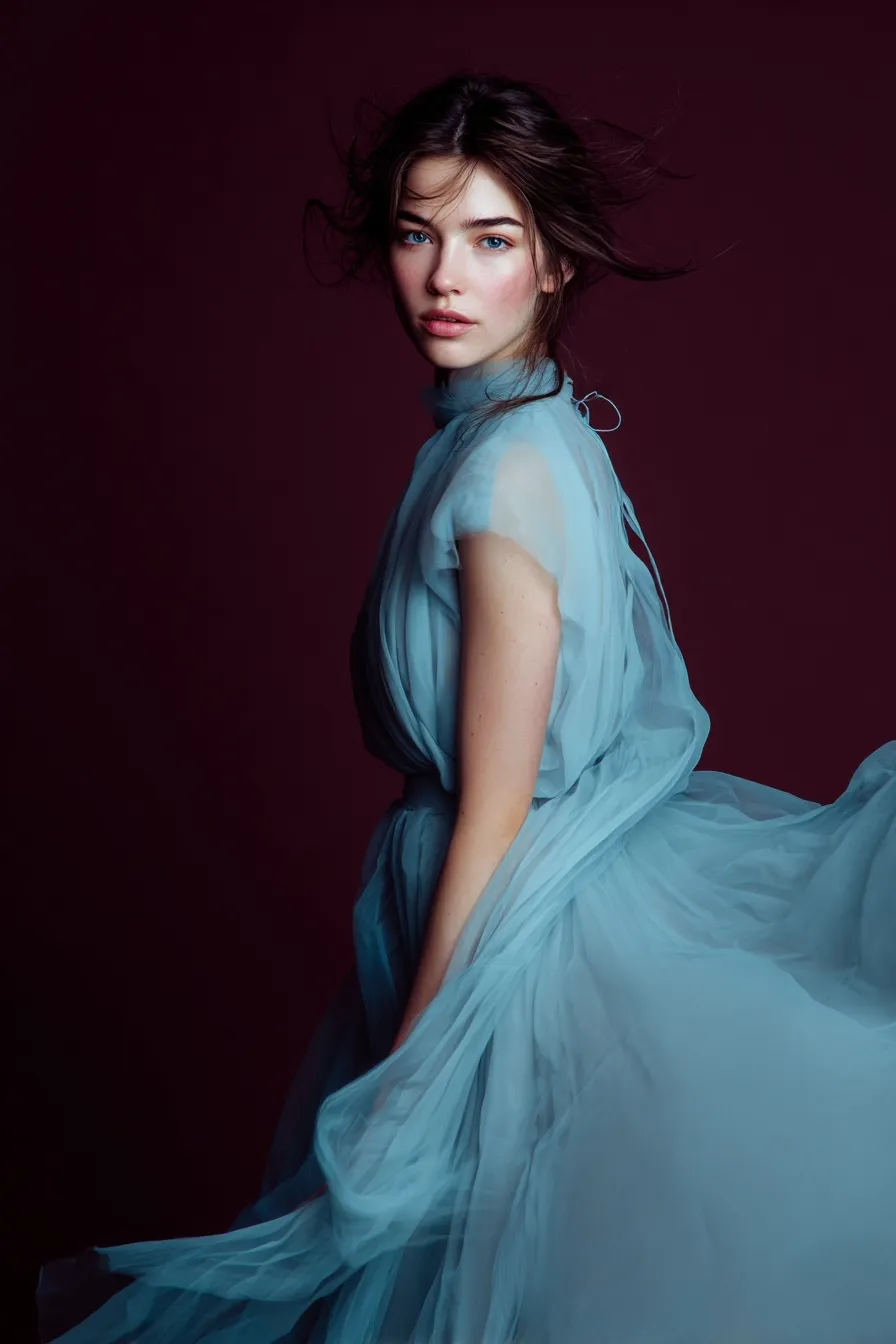 Fashion editorial photo of a woman in a flowing sky blue sheer couture dress against a deep crimson studio background.