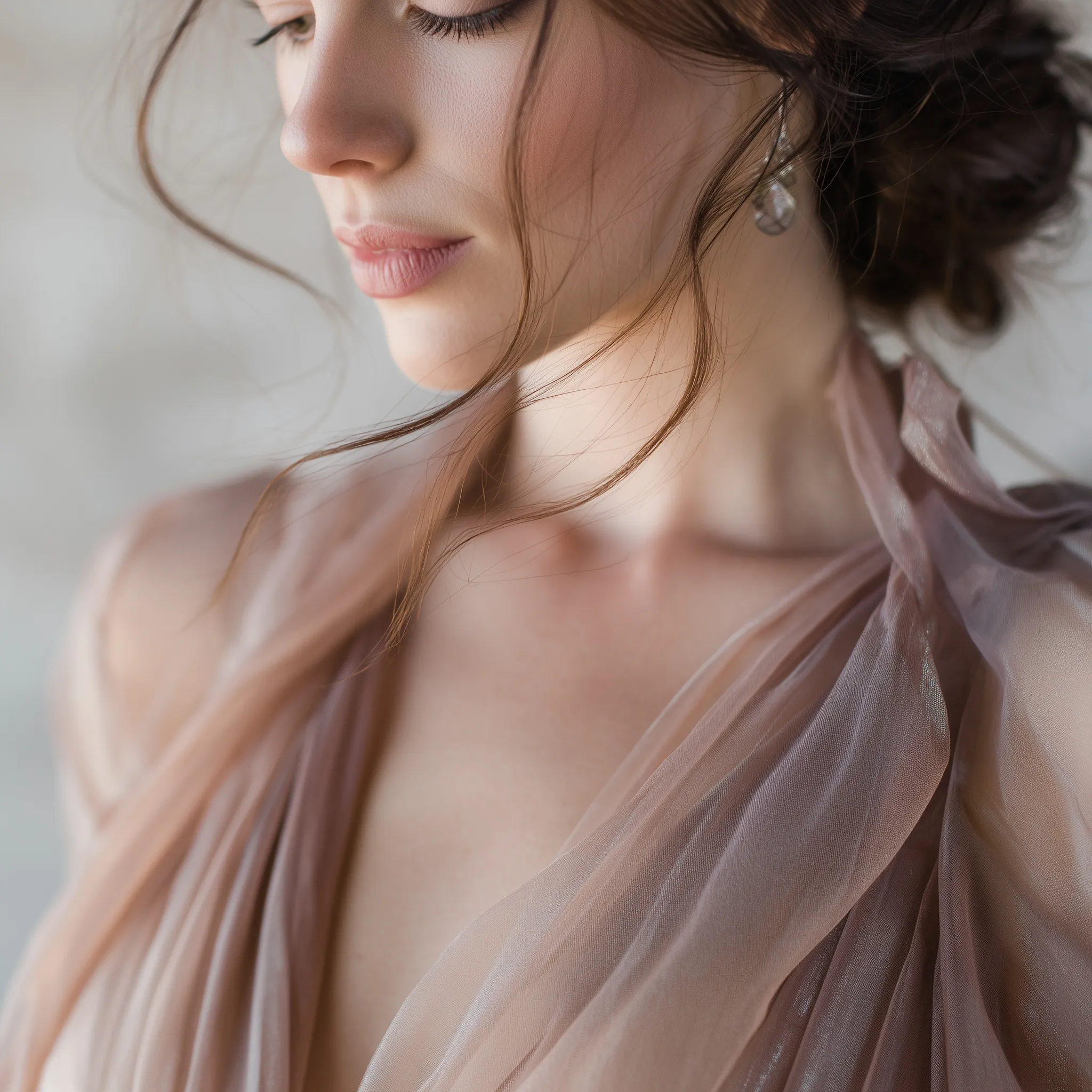 A model in a sheer silk dress illuminated by soft, pearlescent moonlight with a dreamy, elegant aesthetic.