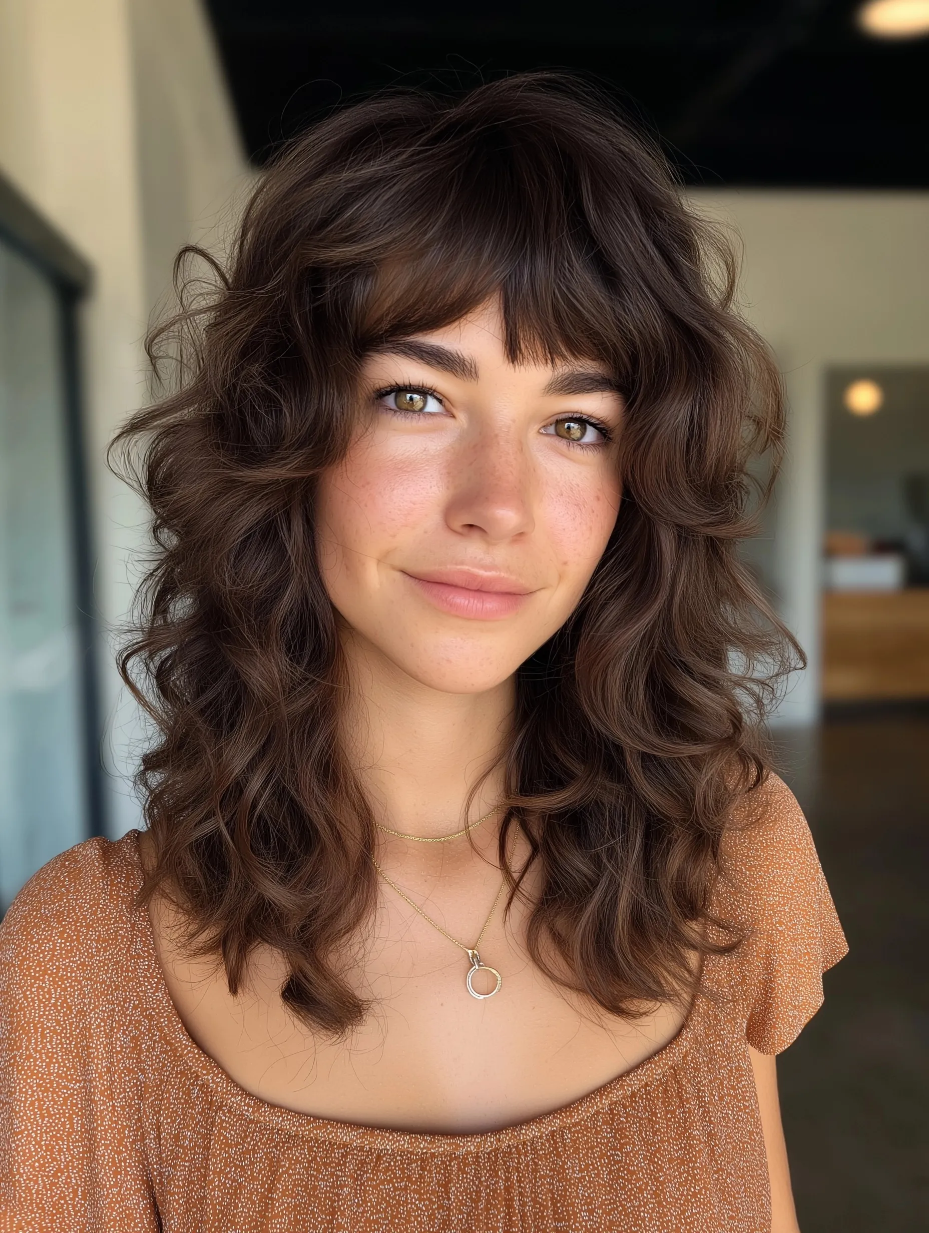 Female asymmetrical long bob haircut with 3a shoulder length curls, straight bangs, and visible hair product buildup.