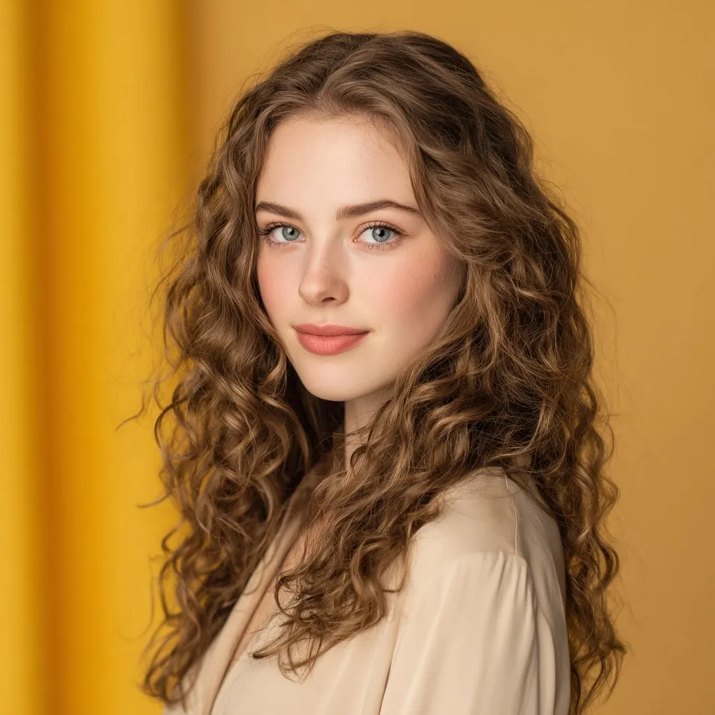 A professional portrait of a young woman with shoulder-length soft light brown curls wearing a beige blouse.