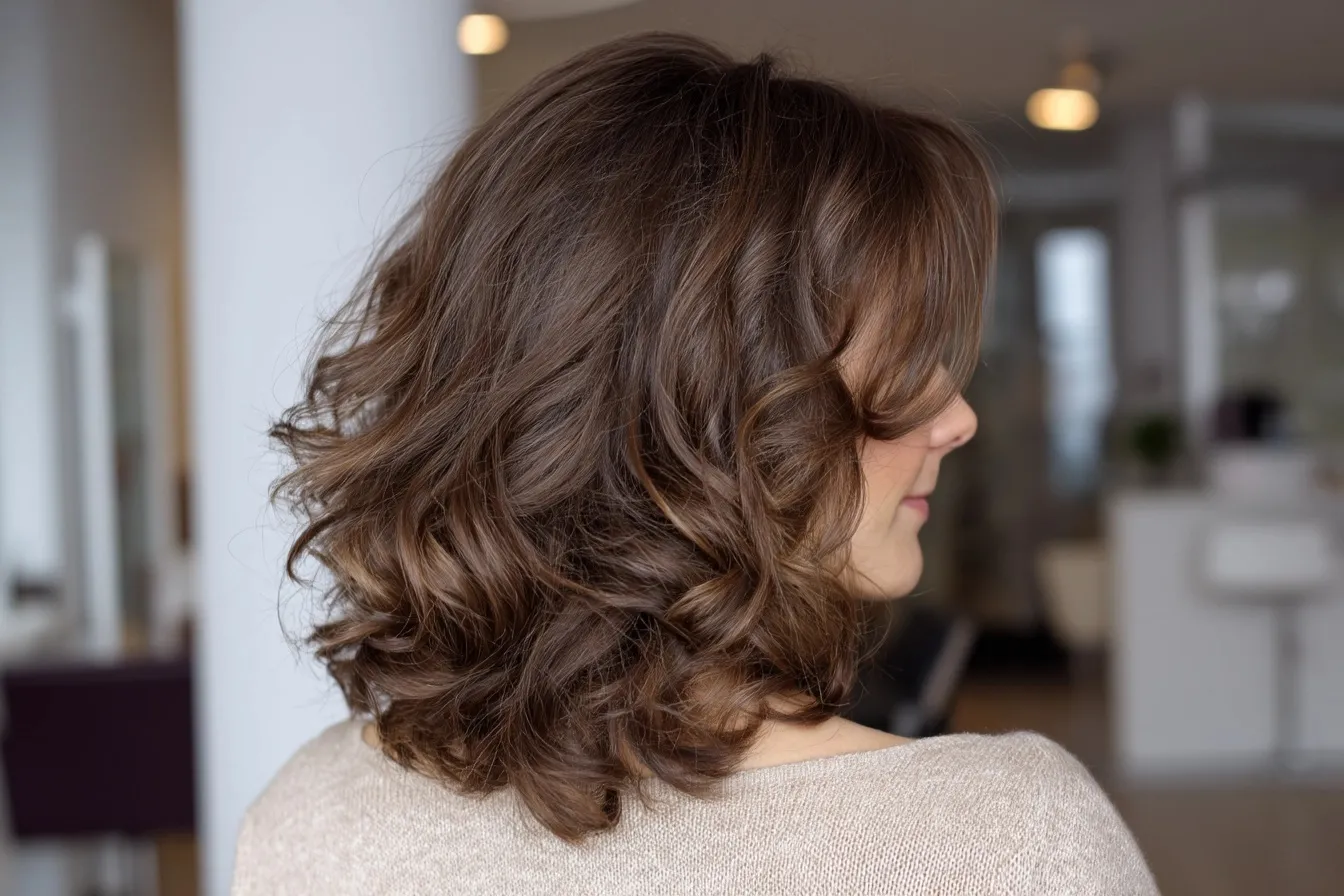 Brunette shoulder-length hair with soft waves and highlights on a woman over 40 in a salon setting.