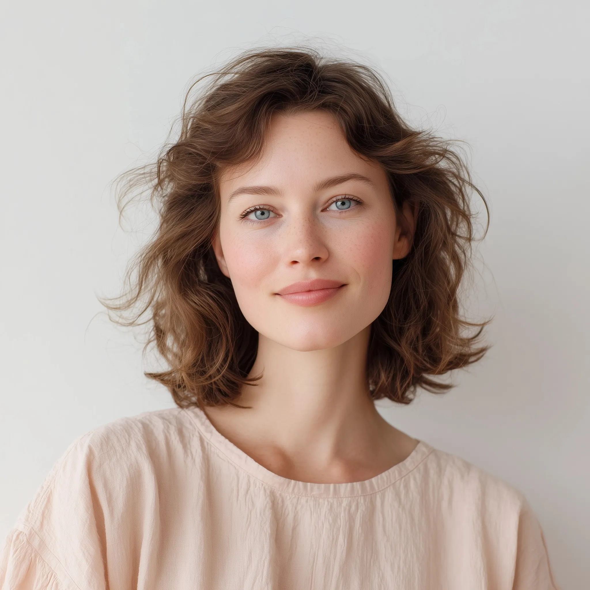 Portrait of a European woman with shoulder length soft curls and blue eyes, wearing a pale blush top.