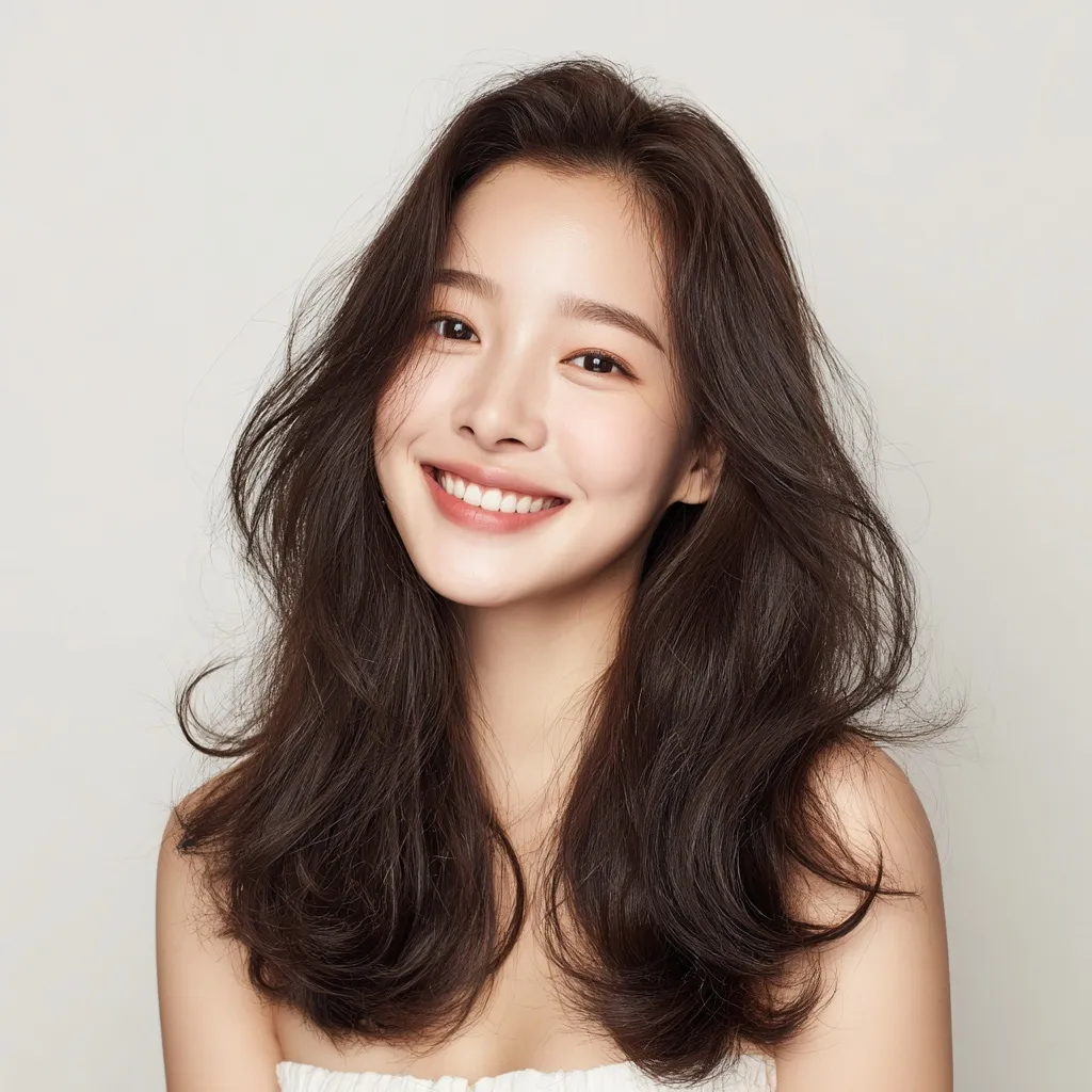 A young Korean woman with shoulder-length soft curls smiling against a white background, studio hair model portrait.