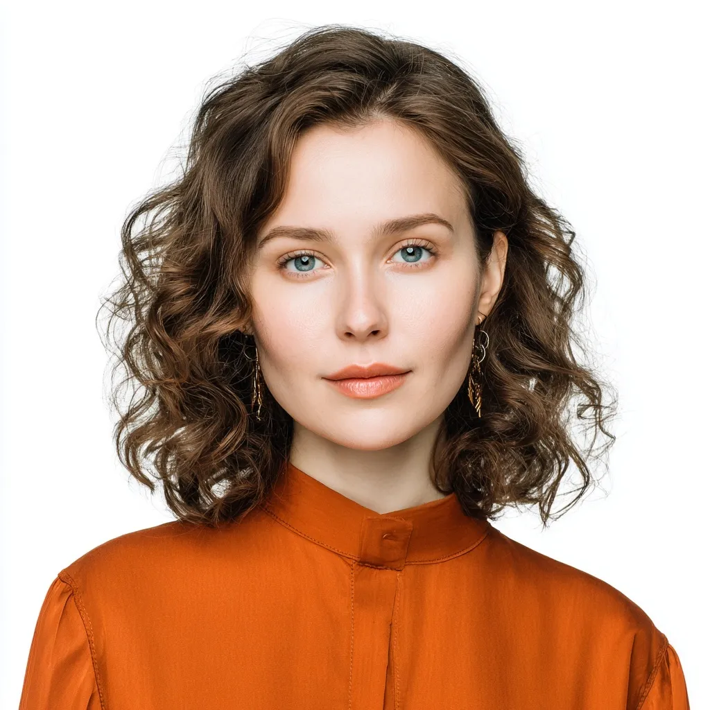 A 35-year-old woman with shoulder-length chestnut curls in a quiet luxury outfit against a white background.