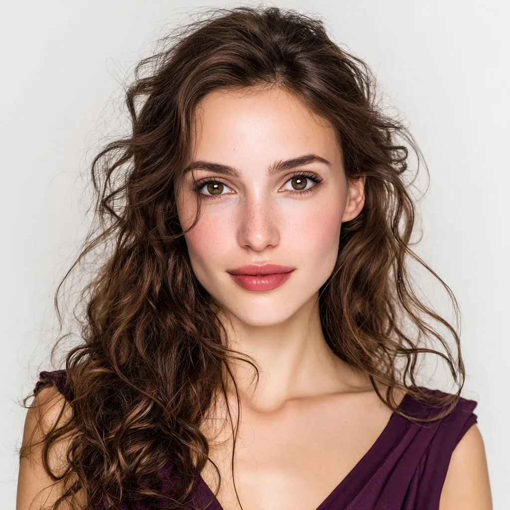 A beautiful young European woman with shoulder-length soft curls wearing a purple dress for a passport photo.