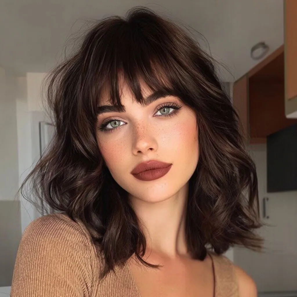 A beautiful model with shoulder-length soft curls and brown bangs posing in a modern living room.