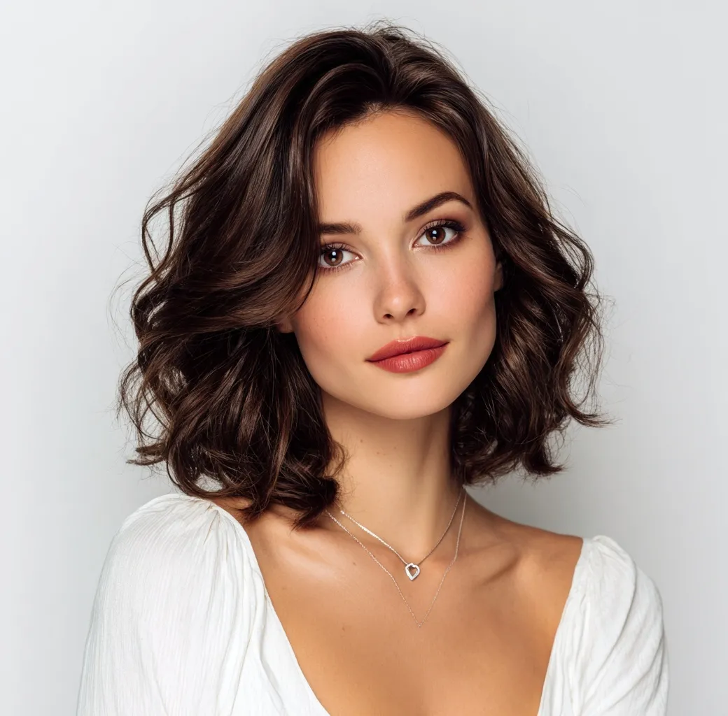 A beautiful brunette woman with shoulder-length soft curls, wearing makeup and a white top, studio portrait.