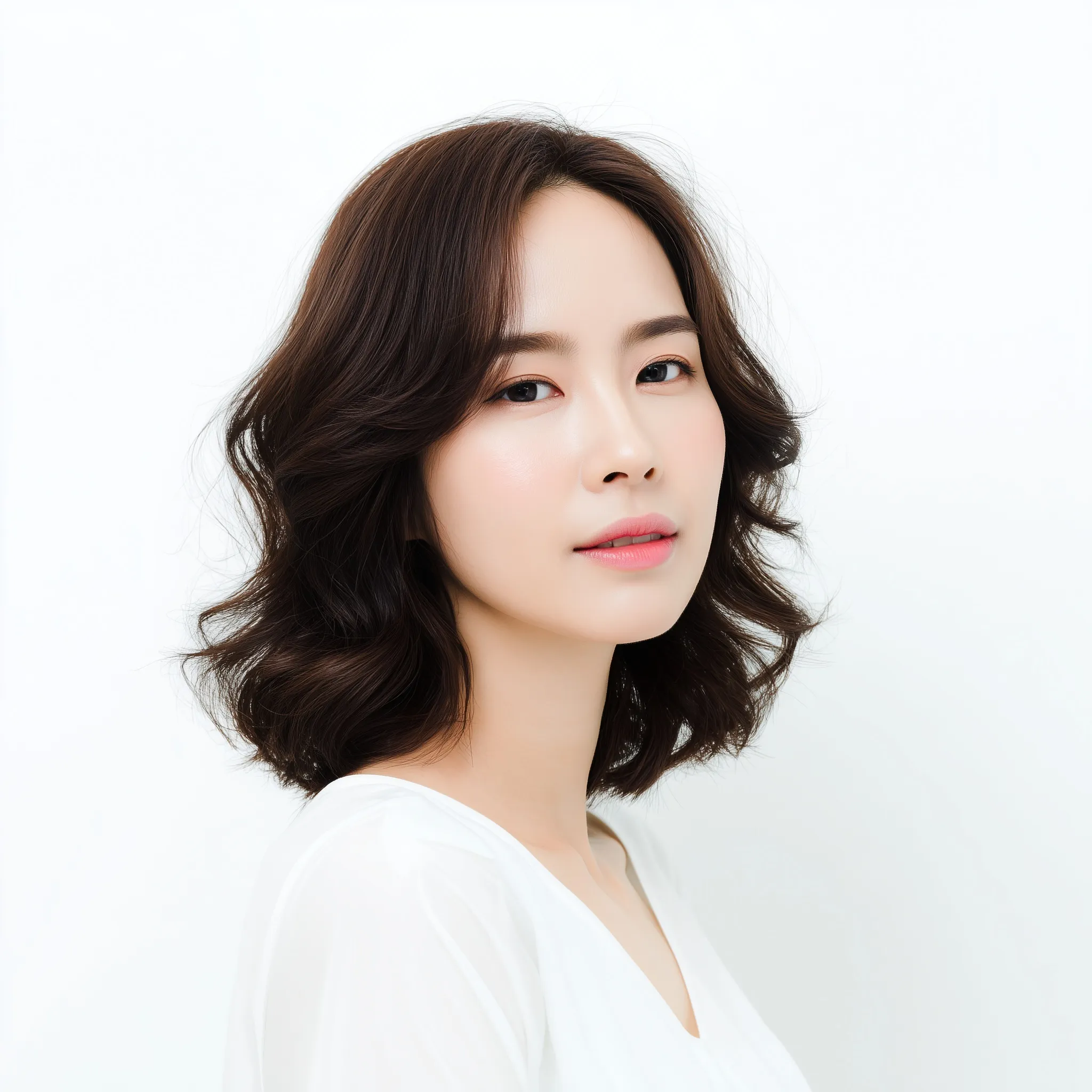 A beautiful Korean woman in her 30s with shoulder-length soft wavy bob hair posing against a clean white background.