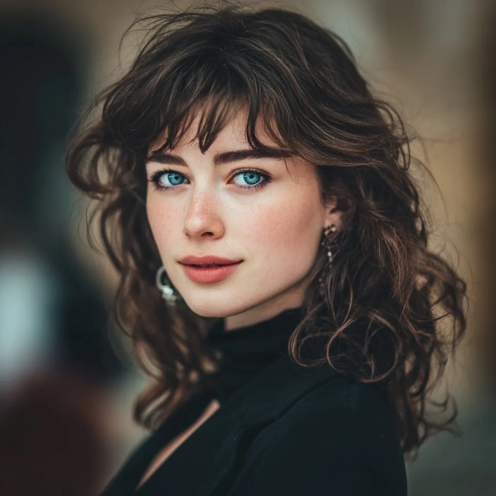 A smiling brunette woman with shoulder-length soft curls, striking green-blue eyes, and distinct facial features.